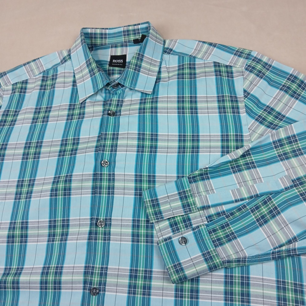 Hugo Boss XL Mens Shirt Oxford Knit 24x29 Button Up Long Sleeve Has Defect Plaid